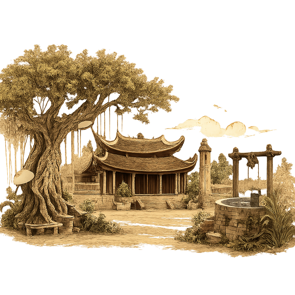 Khung cảnh làng quê Việt với cây đa, đình làng và giếng nước cổ